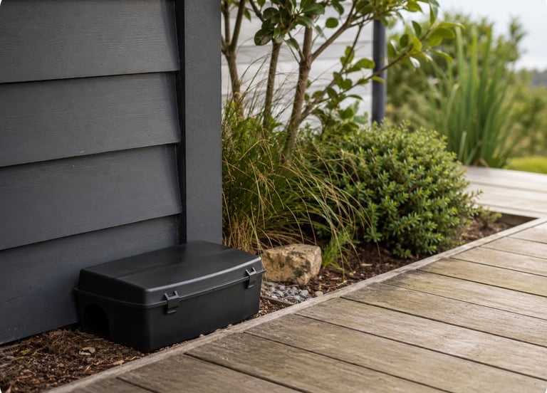 A black plastic rodent bait station placed discreetly against dark grey house siding in a garden.