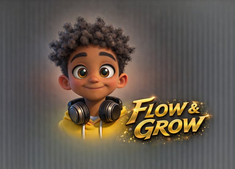 Animated student Kevin with headphones next to the Flow and Grow logo in gold.