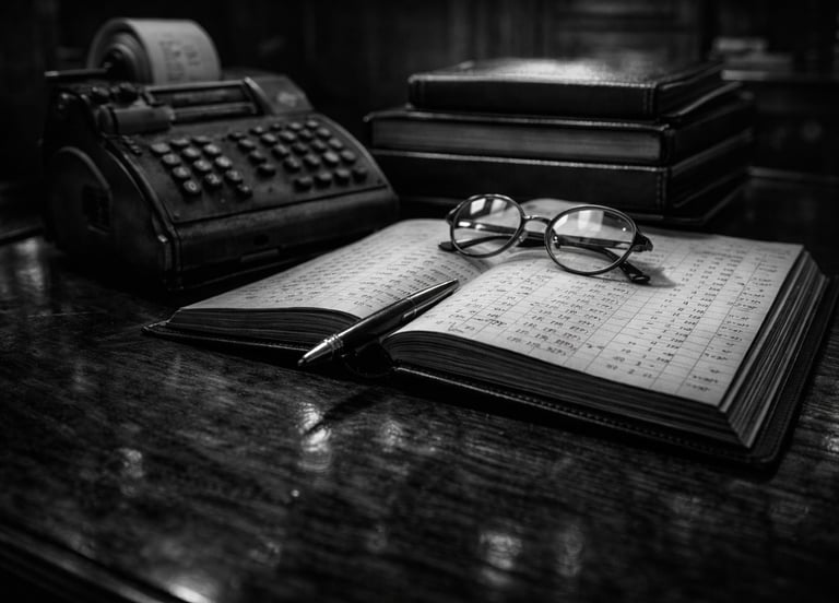 Vintage accounting scene with an antique adding machine, open ledger, glasses, and fountain pen.