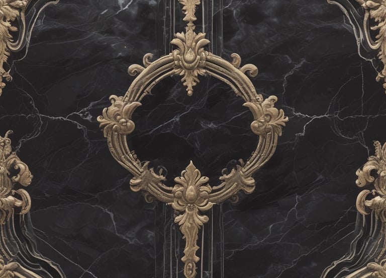 Elegant black marble texture with luxury gold baroque patterns and ornate filigree scrollwork.