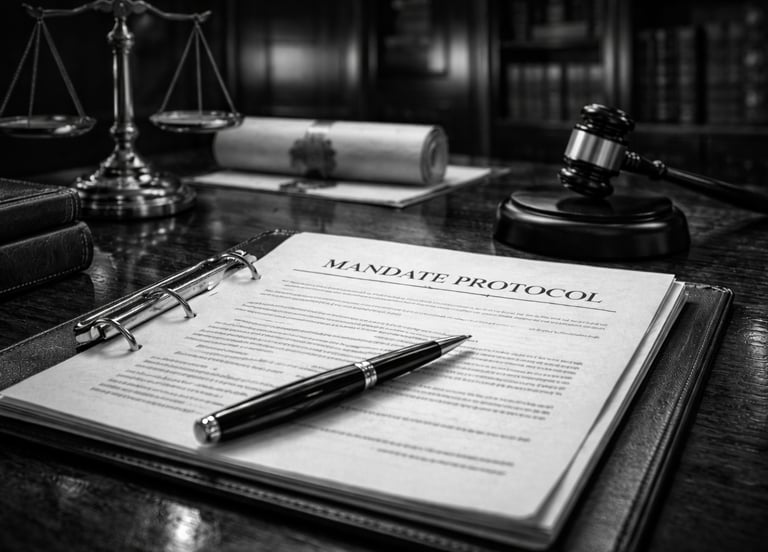 A mandate protocol legal document on a desk with a judge's gavel and scales of justice.