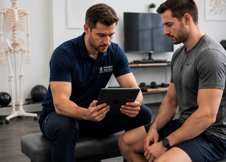 Professional physiotherapist showing rehabilitation data on a tablet to a male patient in a clinic.