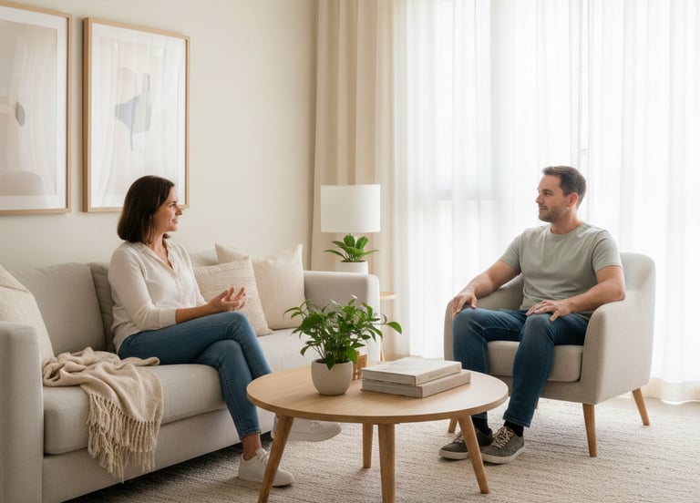 Due persone sedute in salotto che parlano con calma.