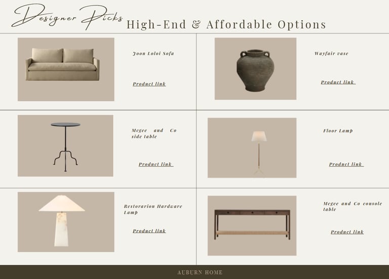 Interior designer picks featuring a neutral sofa, ceramic vase, side table, and modern floor lamps.