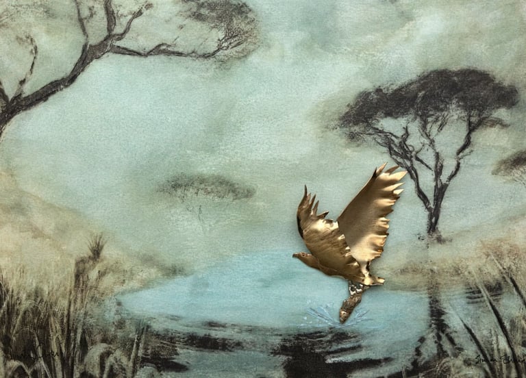 Mixed media artwork of a golden sculpted bird flying over a tranquil African landscape, created by Martin Osner & Simon Shone