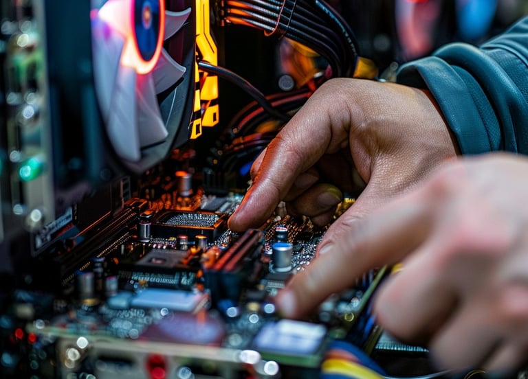 An image showing a computer technician working on the inside of a desktop computer adding RAM