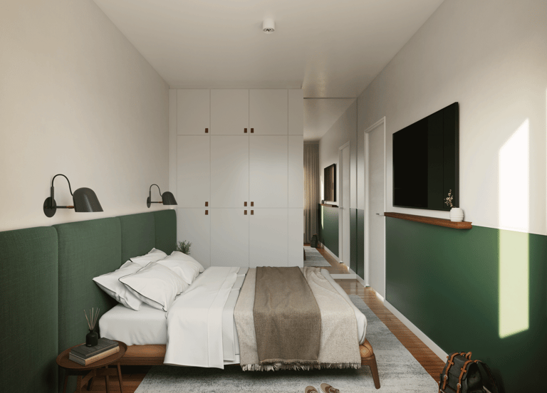 Diseño Interior de habitación pequeña. Placard blanco, respaldar verde, cama con textiles variados.