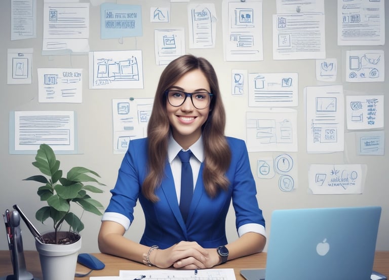 A clean blue and white themed career page showing job listings on a laptop screen.