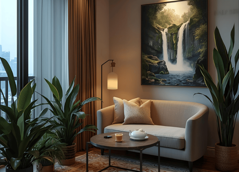 Tranquil coffee corner with intentional design and natural materials