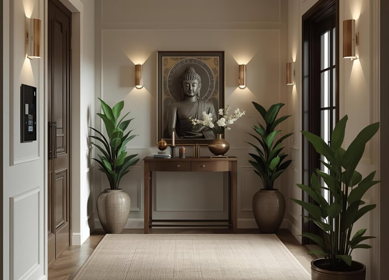 Elegant foyer entrance with curated artisan decor for peaceful living