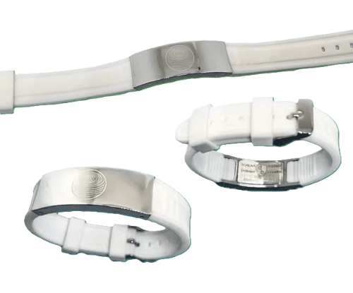 White silicone scalar energy bracelet with stainless steel plate for health and wellness.