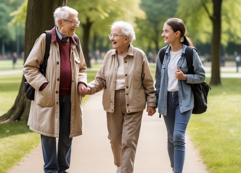 Persona joven acompañando en paseo parque a  2 personas mayores.