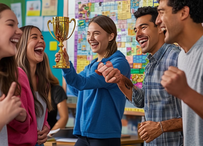 a group of people standing around a trophy, celebrating
