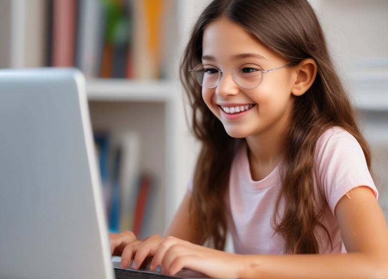 a young girl is smiling and looking at the camera