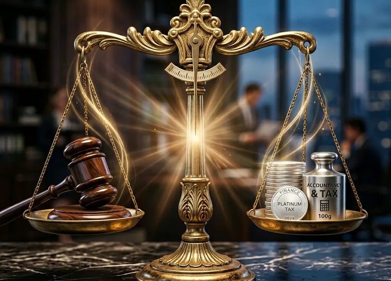 Scales balancing integrated litigation and tax advisory at Harsh Malik Law.
