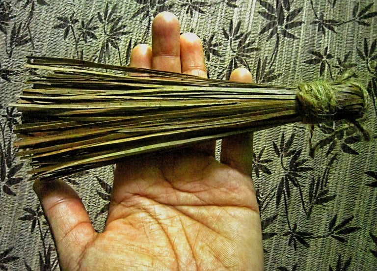 Natural coconut leaf tassel on the hand