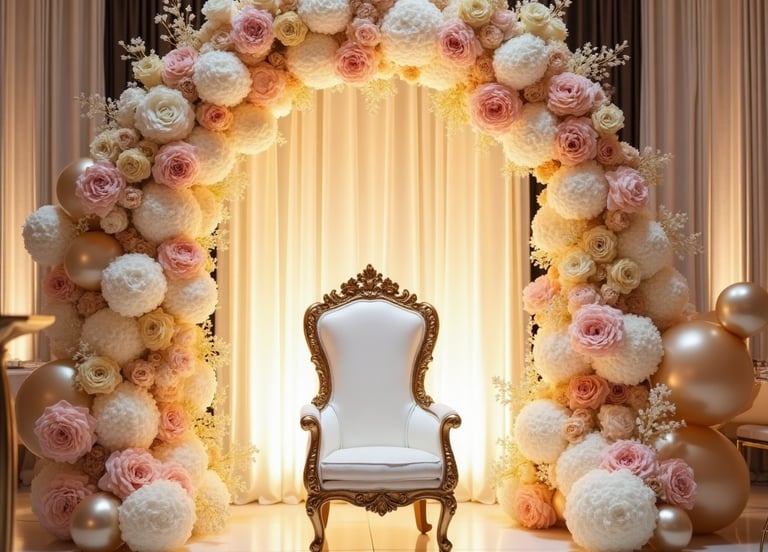 Elegant indoor Quinceañera welcome setup featuring a floral arch, luxury throne chair, metallic balloon garlands, and upscale