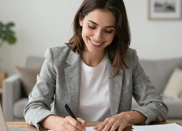 A happy family reviewing home documents together in a cozy living room.