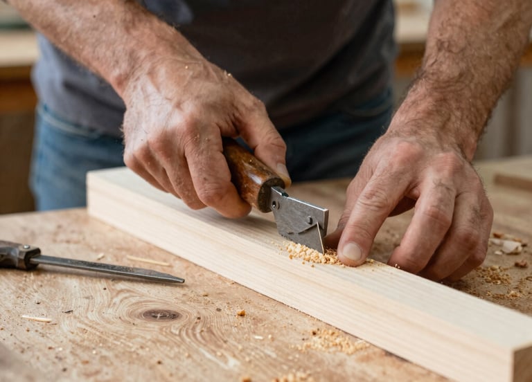 A craftsman carefully engraving a wooden panel with a laser in a cozy workshop.