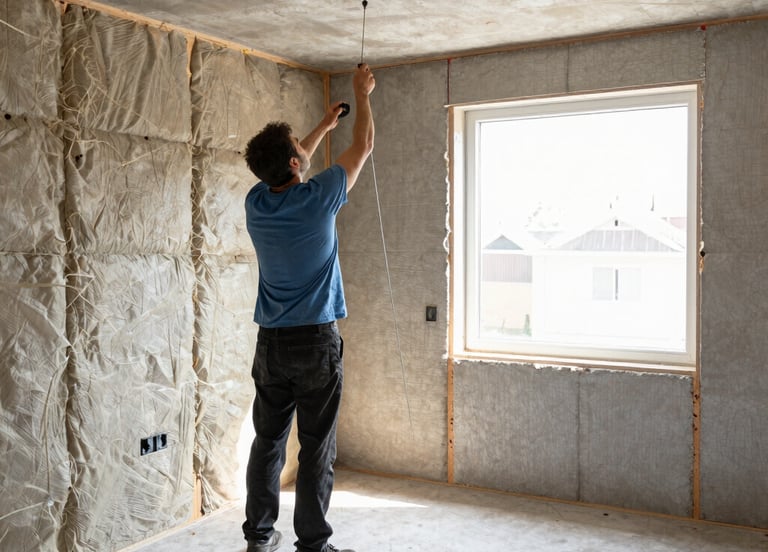 A construction worker carefully applying plaster on an interior wall.
