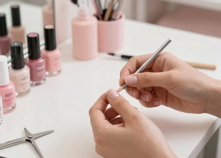 A modern, elegant workspace with soft rose background and feminine manicure tools arranged neatly