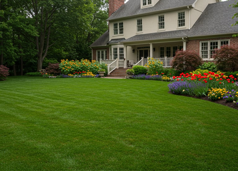 Residential backyard landscaping with flower borders