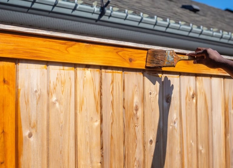 Professional application of golden oak wood stain on a horizontal privacy fence border.