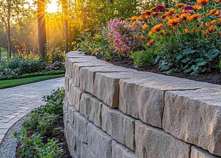 Curved interlocking block retaining wall with colorful floral landscaping.