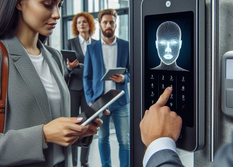 Professional using a biometric facial recognition scanner and keypad for secure office building access.