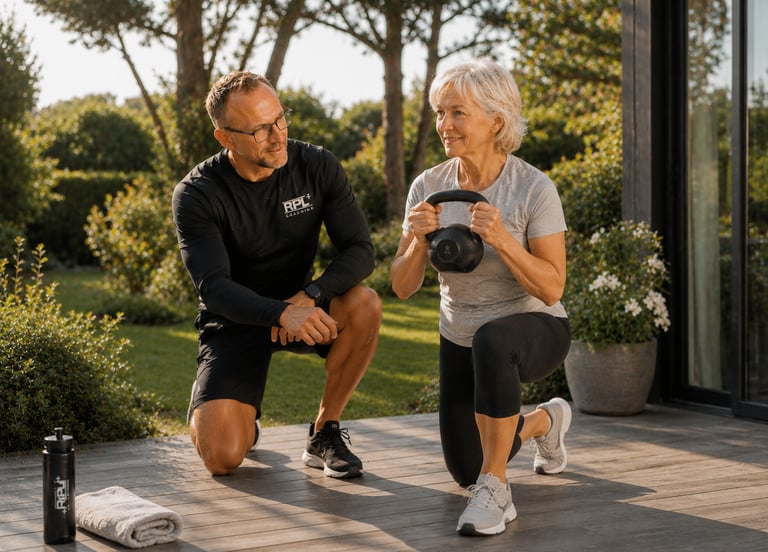 Coach RPL+ avec sa cliente sur terrasse à domicile lors d'un entrainement force fonctionnele.