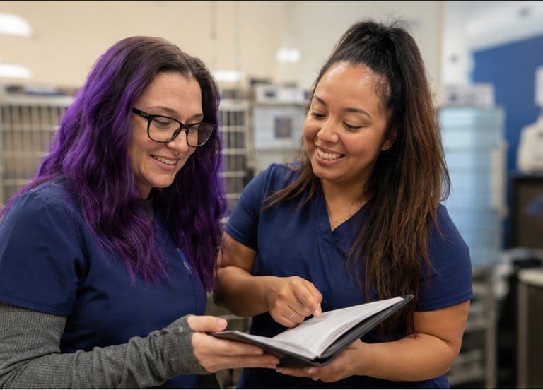 Two veterinary technicians in blue scrubs reviewing hospital policies together in a clinic setting.