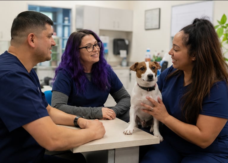 Three veterinary professionals in blue scrubs smiling at a small Jack Russell Terrier on an exam table.