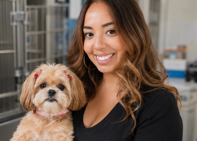 A smiling female veterinarian holding a small Shih Tzu dog in a modern pet clinic setting.