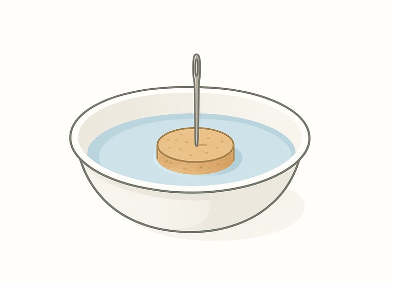 A deep dish with water, a cork, and a needle floating in it.
