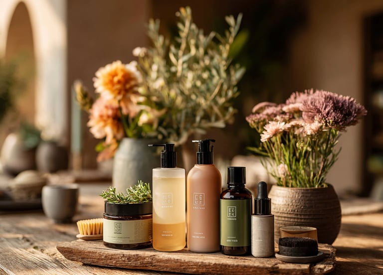 A rustic wooden table displays various elegant skincare products beside lush flowers in ceramic vase