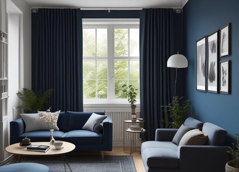 Rénovation d'un salon avec peinture de murs, pose de rideaux et poncage de parquet