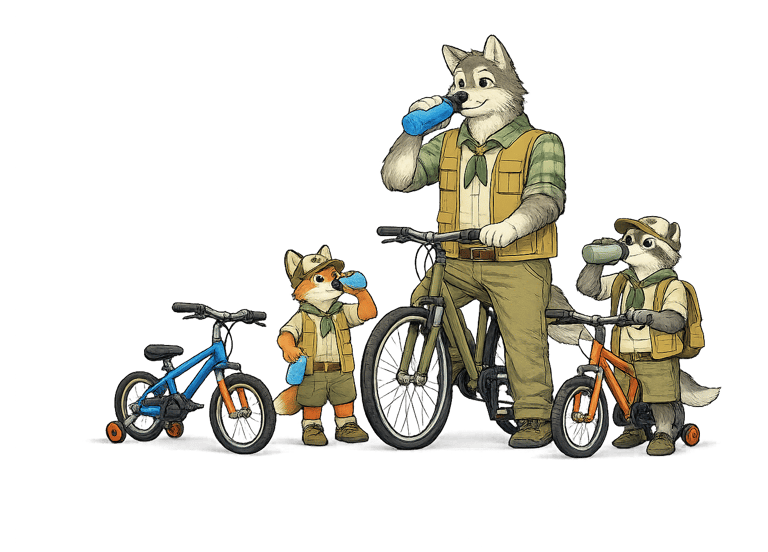 A wolf scout leader and scouts standing with their bikes while drinking water during a ride break.