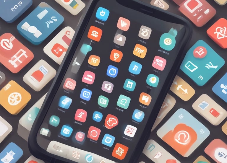 A clean, minimalistic illustration of a smartphone displaying simple app icons,