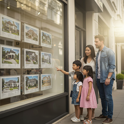 une famille regarde la vitrine d'une agence immobilière