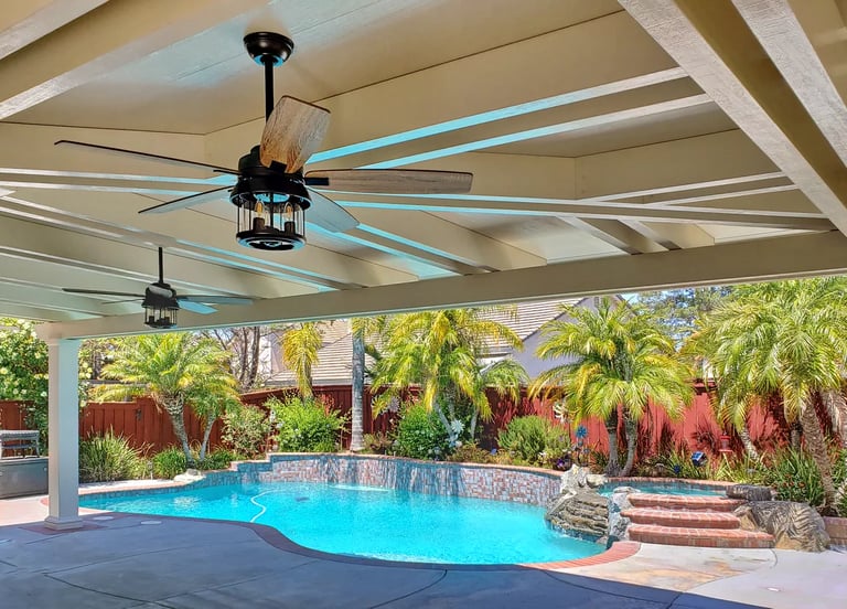 One of a kind insulated Alumawood shade structure poolside in Temecula, California.
