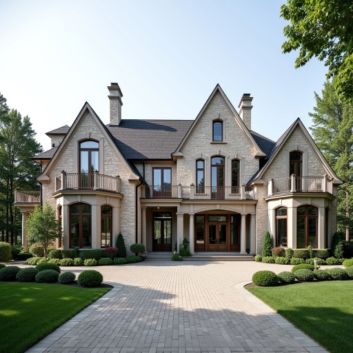 Luxury custom home with classic stone façade, landscaped gardens, and elegant architecture.