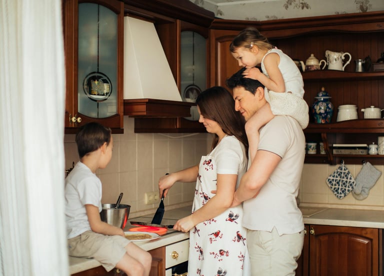 Family enjoying kitchen remodel by Portugal Woodworks in Park City and Heber, Utah