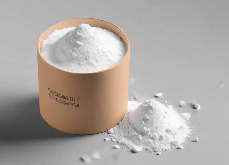 Close-up photo of crystalline white naphthalene acetic acid powder on a wooden surface.