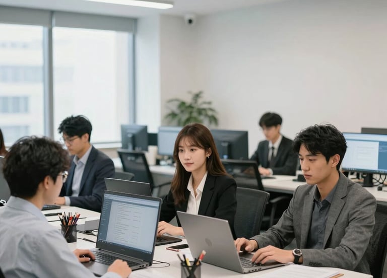 A vibrant office scene showing diverse professionals collaborating on laptops.