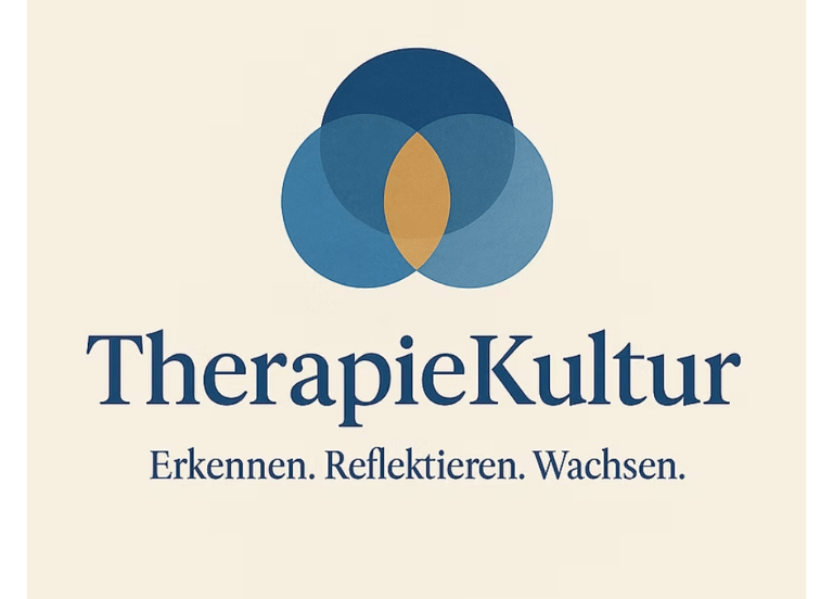Logo von TherapieKultur mit blauen, überlappenden Kreisen als Symbol für Therapie, Wachstum und syst