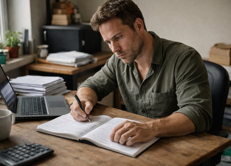 a man sitting at a desk with a laptop and a notebook
