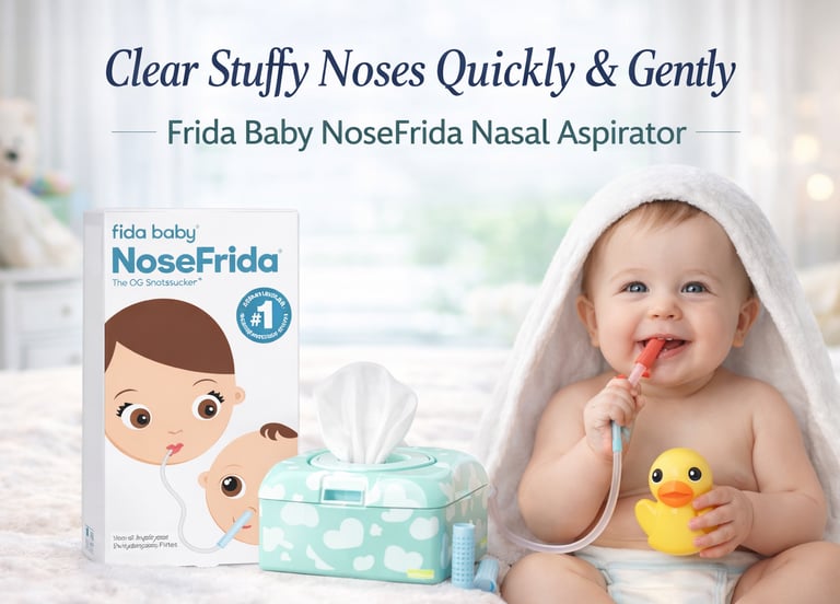 Frida Baby NoseFrida Nasal Aspirator packaging next to a smiling baby holding a yellow rubber duck.