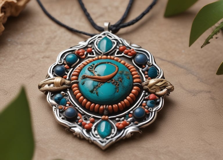 Colgante artesanal de plata con cuentas de turquesa y coral, inspirado en un diseño tribal.