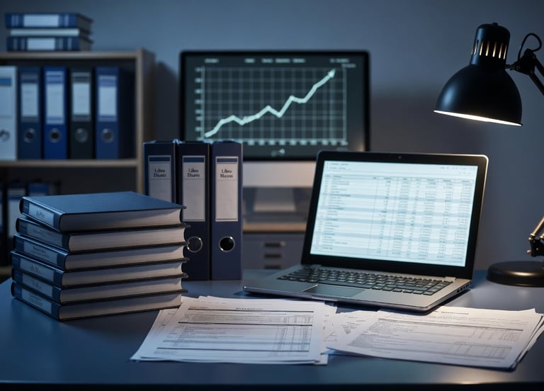 computador, hojas y folder para contabilidad