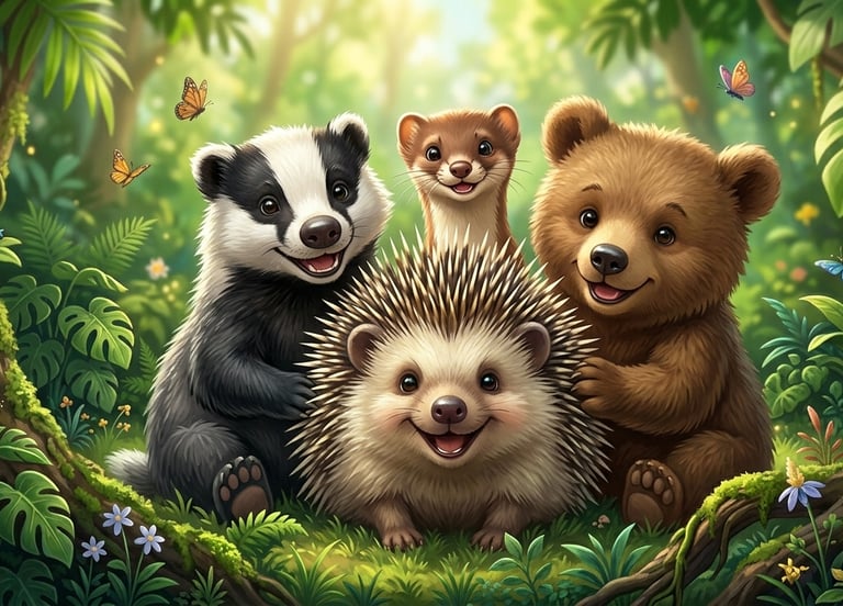 Cute cartoon badger, hedgehog, weasel, and bear cub smiling in a lush green forest with butterflies.